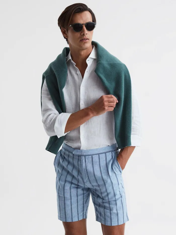 Reiss Shorts Amalfi CottonLinen Striped Shorts Soft Blue 8211 Men