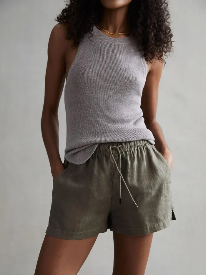 Reiss Shorts Cleo Linen High Rise Drawstring Shorts Khaki 8211 Women