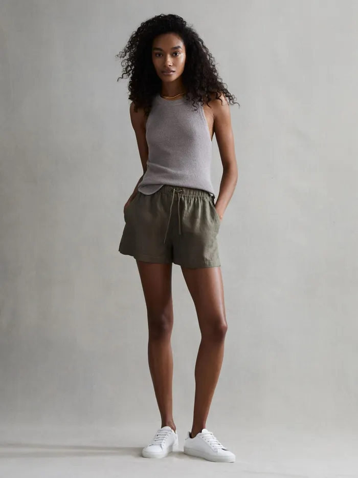 Reiss Shorts Cleo Linen High Rise Drawstring Shorts Khaki 8211 Women