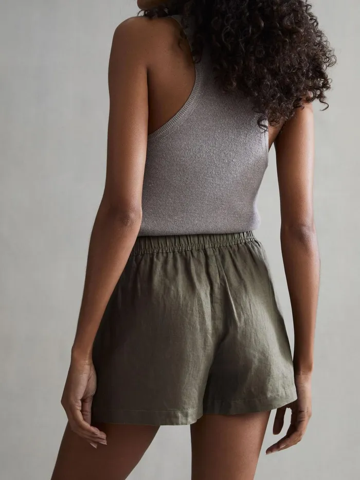 Reiss Shorts Cleo Linen High Rise Drawstring Shorts Khaki 8211 Women
