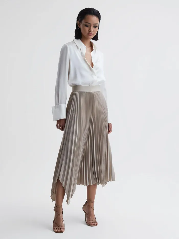Reiss Skirts Jodie Pleated Asymmetric Midi Skirt Champagne 8211 Women