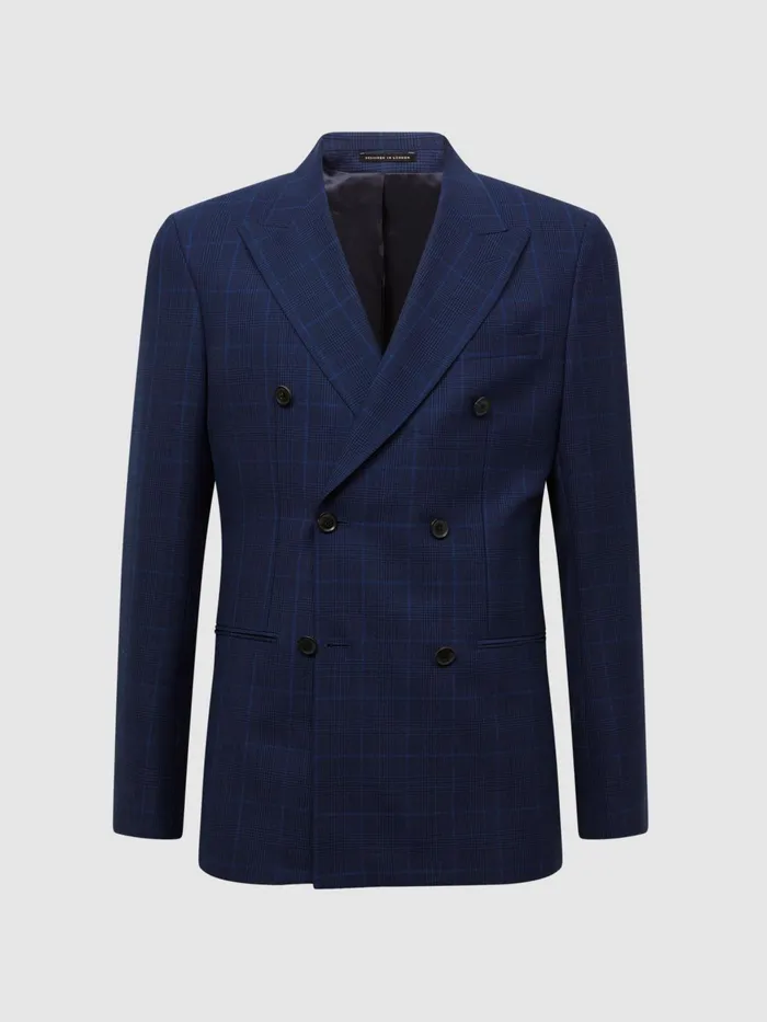 Reiss Suits and Tailoring Royce Slim Fit Wool Double Breasted Check Blazer Navy 8211 Men
