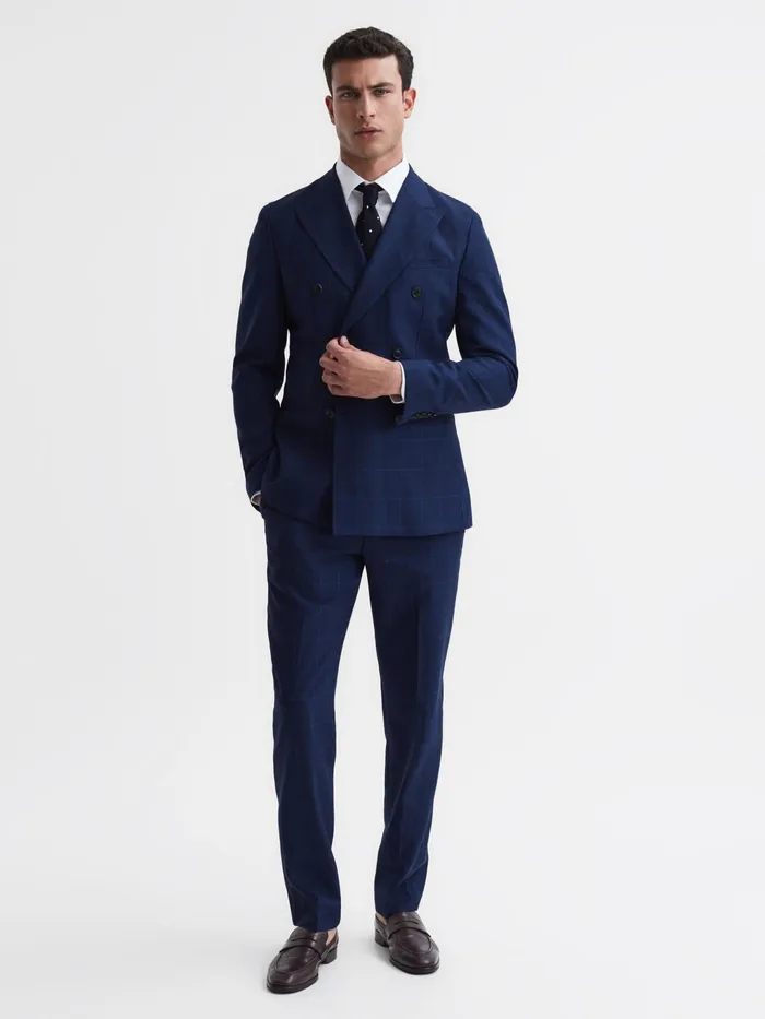 Reiss Suits and Tailoring Royce Slim Fit Wool Double Breasted Check Blazer Navy 8211 Men