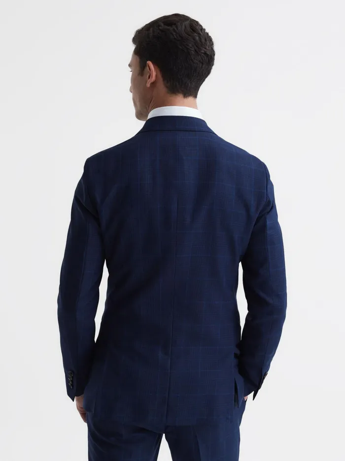 Reiss Suits and Tailoring Royce Slim Fit Wool Double Breasted Check Blazer Navy 8211 Men