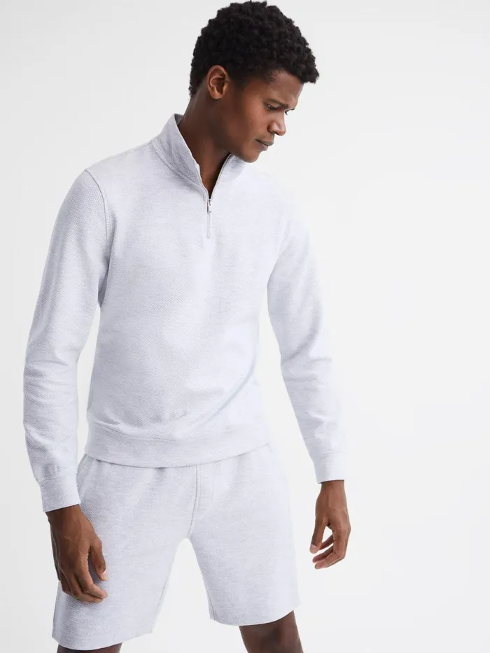 Reiss Sweats and Hoodies Bishop Slim Fit Textured Half Zip Top Grey Melange 8211 Men