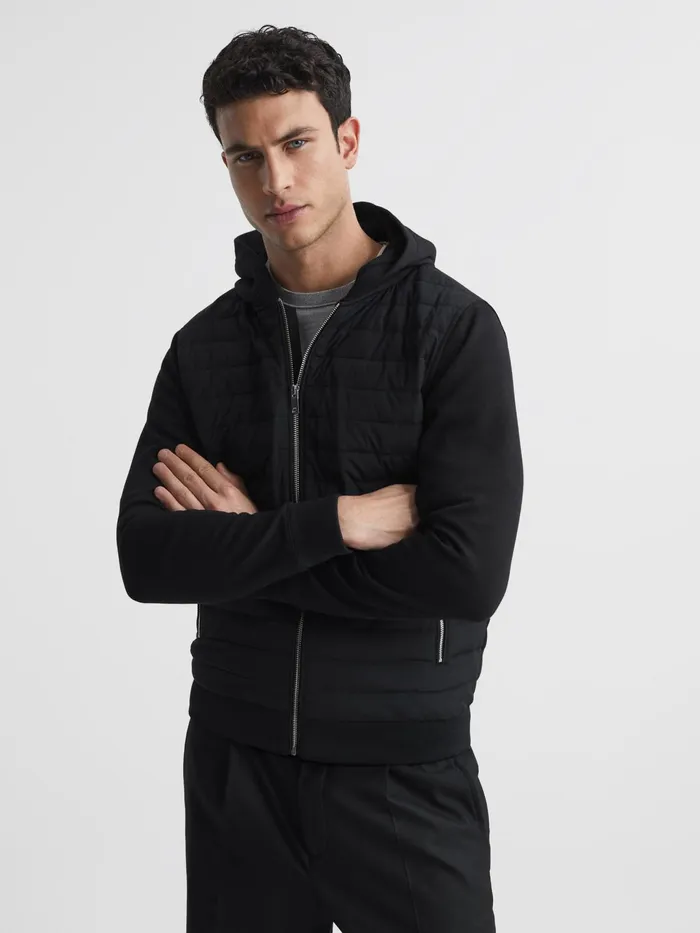 Reiss Sweats and Hoodies Taylor Hybrid Zip Quilted Hooded Jacket Black 8211 Men Reiss Sweats and Hoodies Taylor Hybrid Zip Quilted Hooded Jacket Black 8211 Men