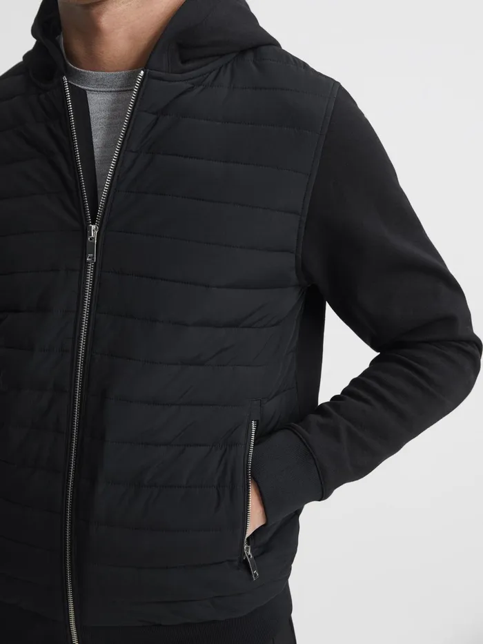 Reiss Sweats and Hoodies Taylor Hybrid Zip Quilted Hooded Jacket Black 8211 Men
