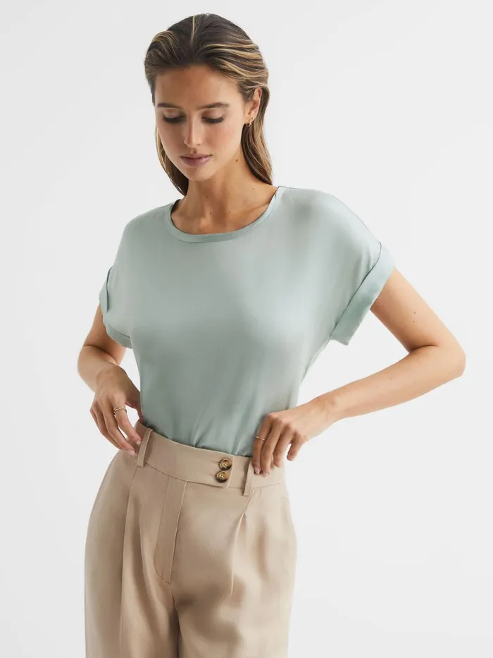 Reiss TShirts and Vests Helen Silk Front Crew Neck TShirt Mint 8211 Women