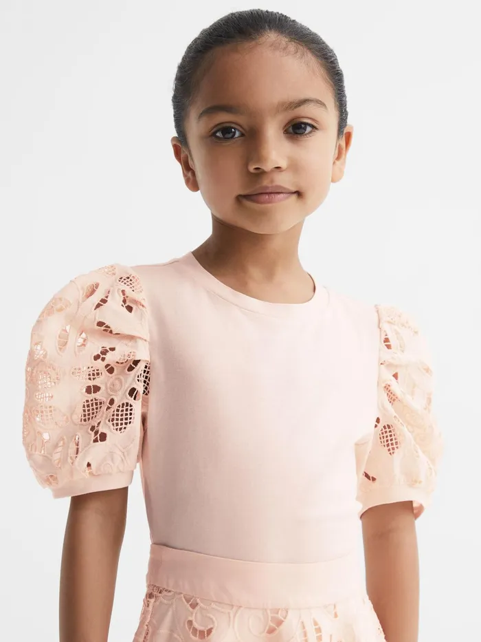 Reiss Tops and Tshirts Alberta Floral Lace Puff Sleeve TShirt Pink 8211 Children Reiss Tops and Tshirts Alberta Floral Lace Puff Sleeve TShirt Pink 8211 Children