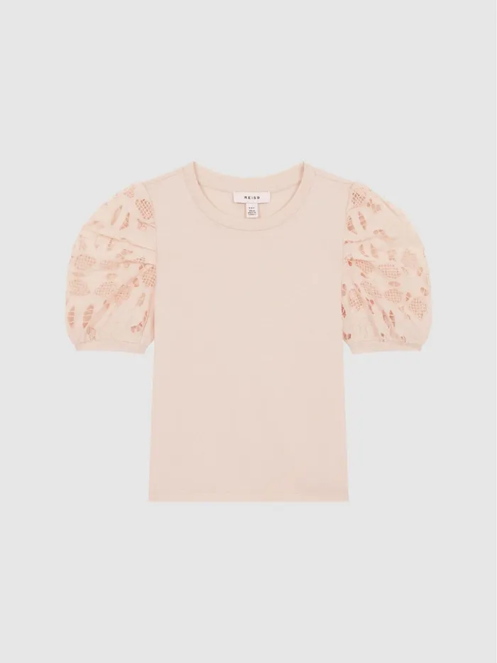 Reiss Tops and Tshirts Alberta Floral Lace Puff Sleeve TShirt Pink 8211 Children