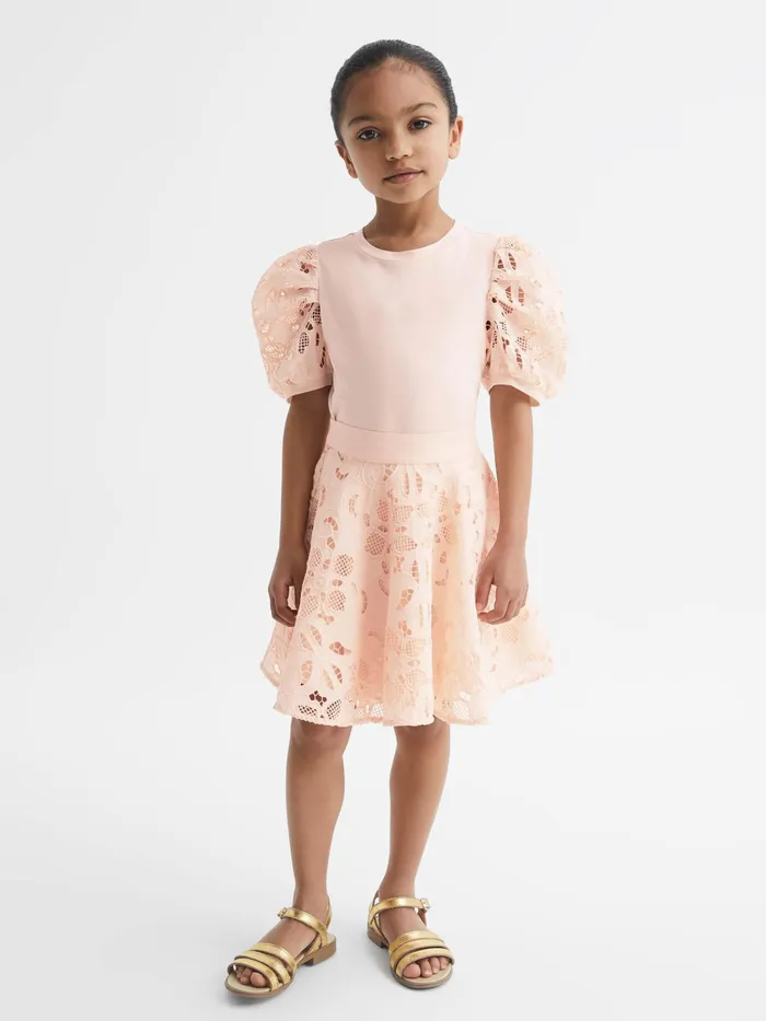 Reiss Tops and Tshirts Alberta Floral Lace Puff Sleeve TShirt Pink 8211 Children
