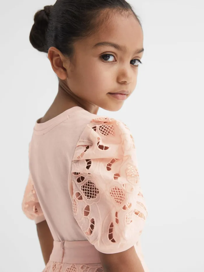 Reiss Tops and Tshirts Alberta Floral Lace Puff Sleeve TShirt Pink 8211 Children