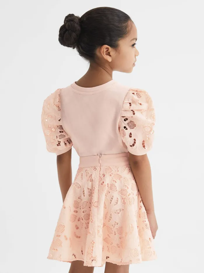Reiss Tops and Tshirts Alberta Floral Lace Puff Sleeve TShirt Pink 8211 Children