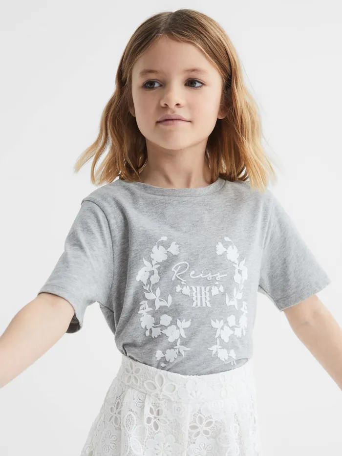 Reiss Tops and Tshirts Bobbi Motif Crew Neck TShirt Grey Marl 8211 Children