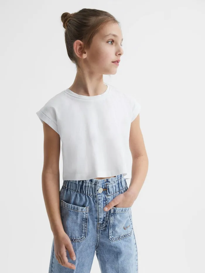 Reiss Tops and Tshirts Terry Cotton Crew Neck Cropped TShirt Pink 8211 Children