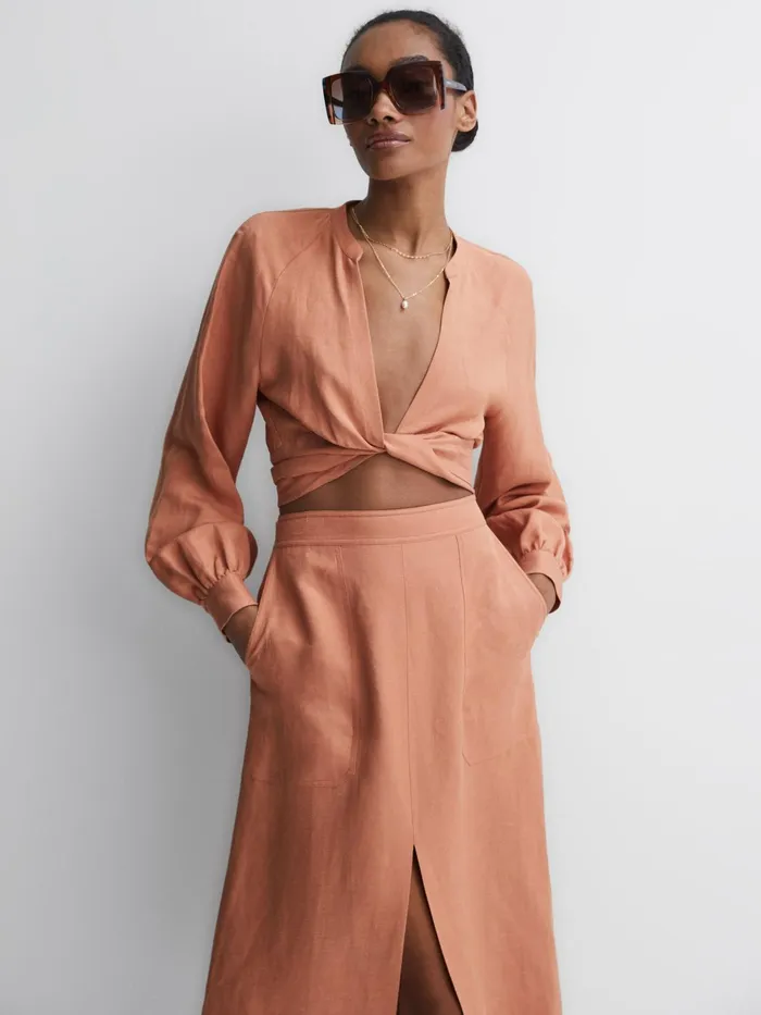 Reiss Tops Axelle Tie Front Cropped Blouse Rust 8211 Women