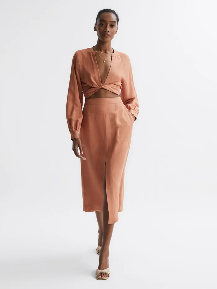 Reiss Tops Axelle Tie Front Cropped Blouse Rust 8211 Women
