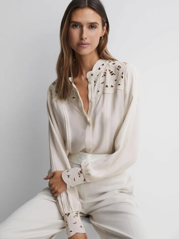 Reiss Tops Celia Lace CutOut Blouse Ivory 8211 Women