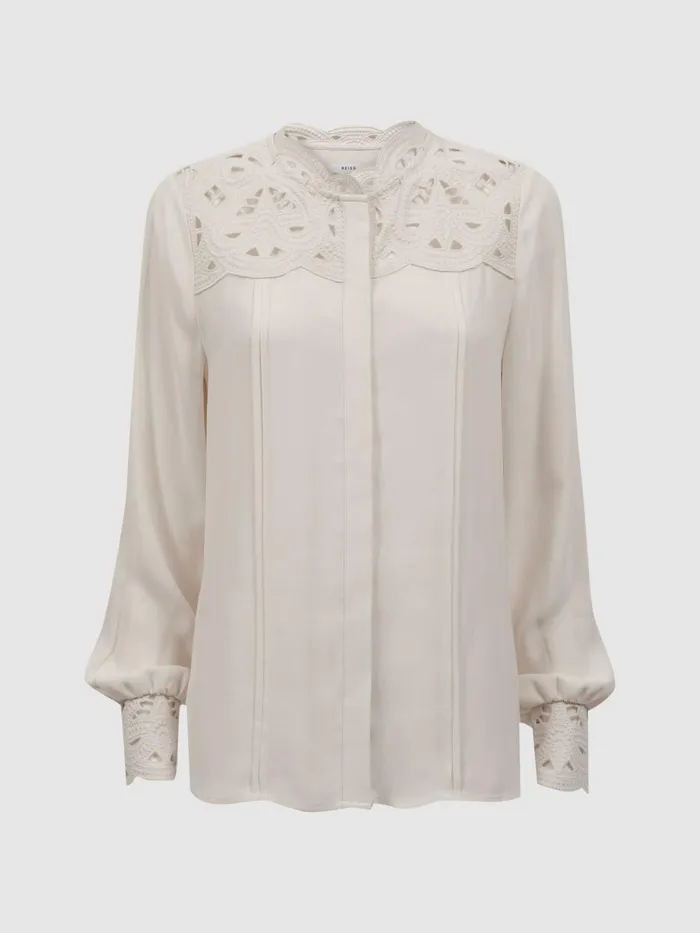 Reiss Tops Celia Lace CutOut Blouse Ivory 8211 Women