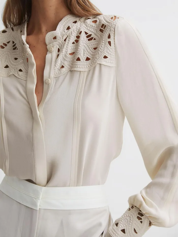 Reiss Tops Celia Lace CutOut Blouse Ivory 8211 Women