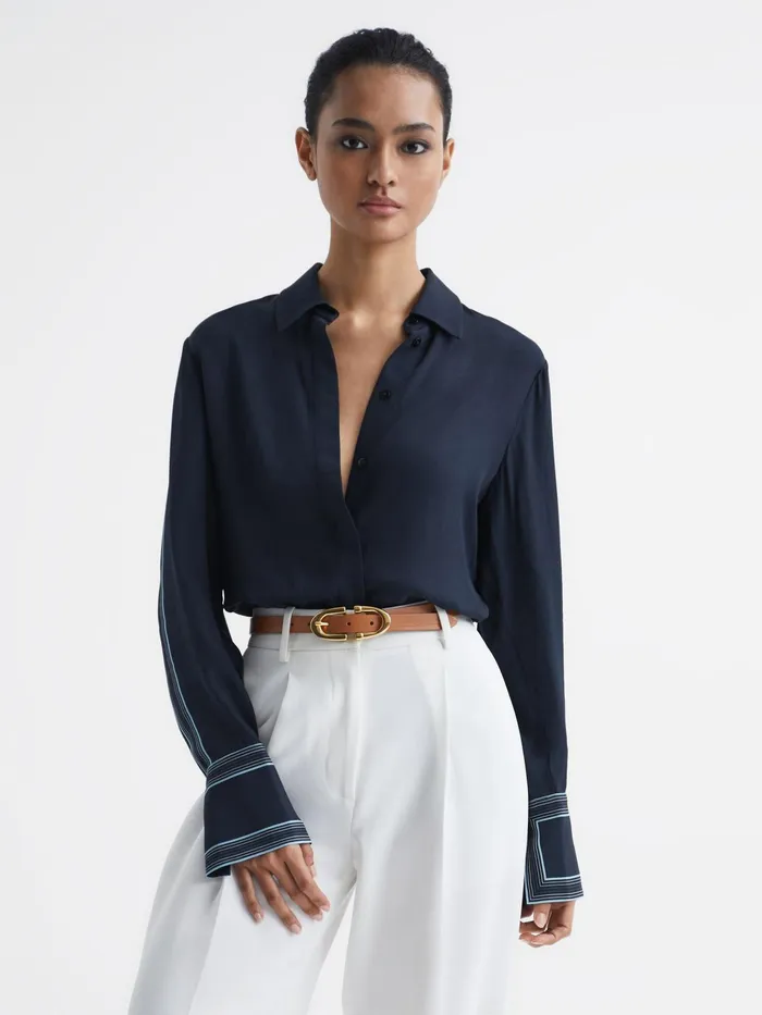 Reiss Tops Chiara Fitted Side Striped Dip Hem Blouse Navy 8211 Women