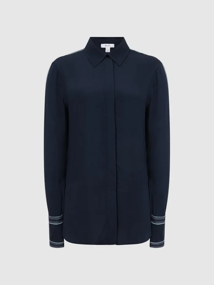 Reiss Tops Chiara Fitted Side Striped Dip Hem Blouse Navy 8211 Women