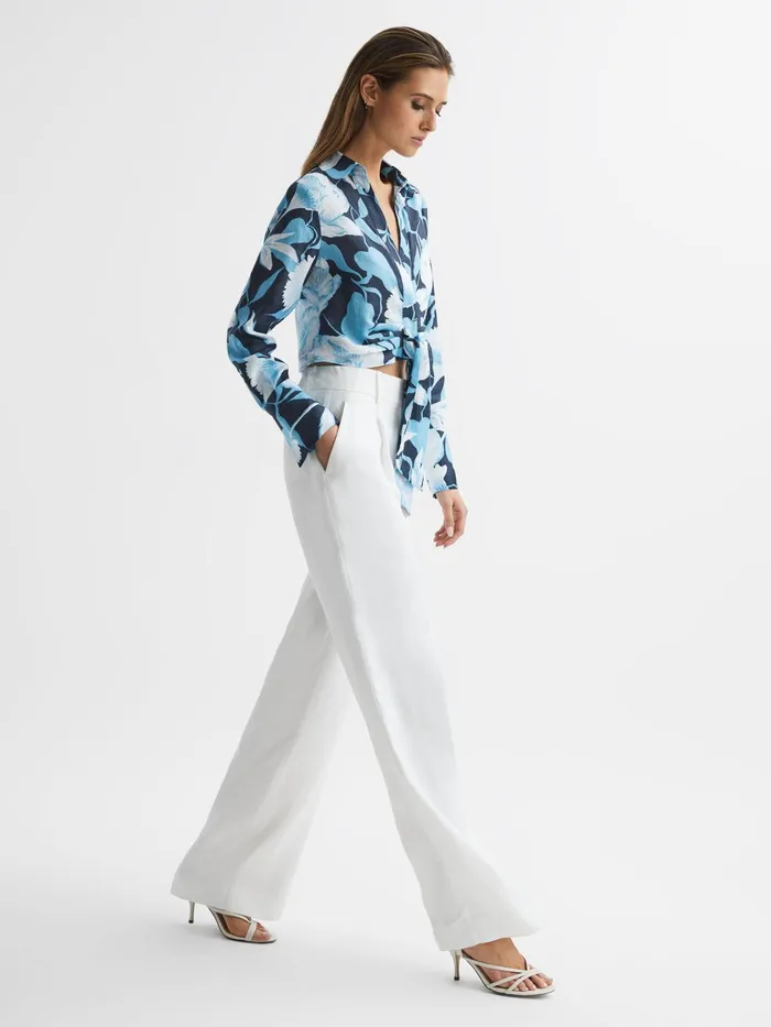 Reiss Tops Dahlia Print Linen Cropped Tie Front Blouse Navyblue 8211 Women