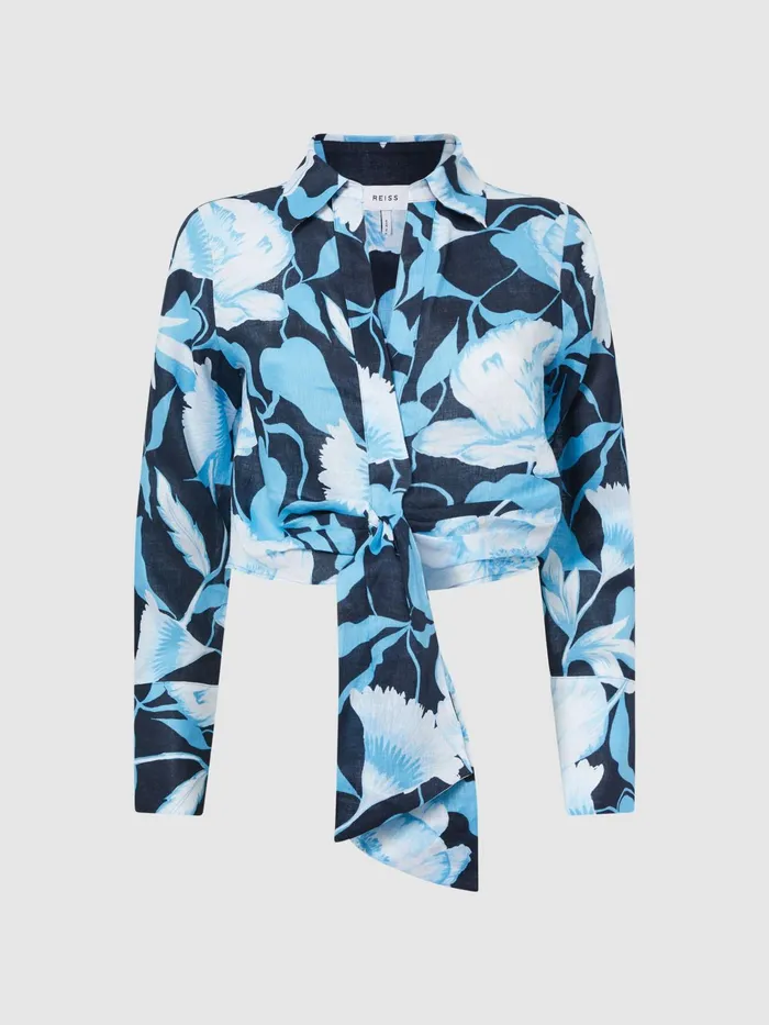 Reiss Tops Dahlia Print Linen Cropped Tie Front Blouse Navyblue 8211 Women
