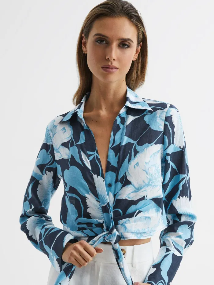 Reiss Tops Dahlia Print Linen Cropped Tie Front Blouse Navyblue 8211 Women