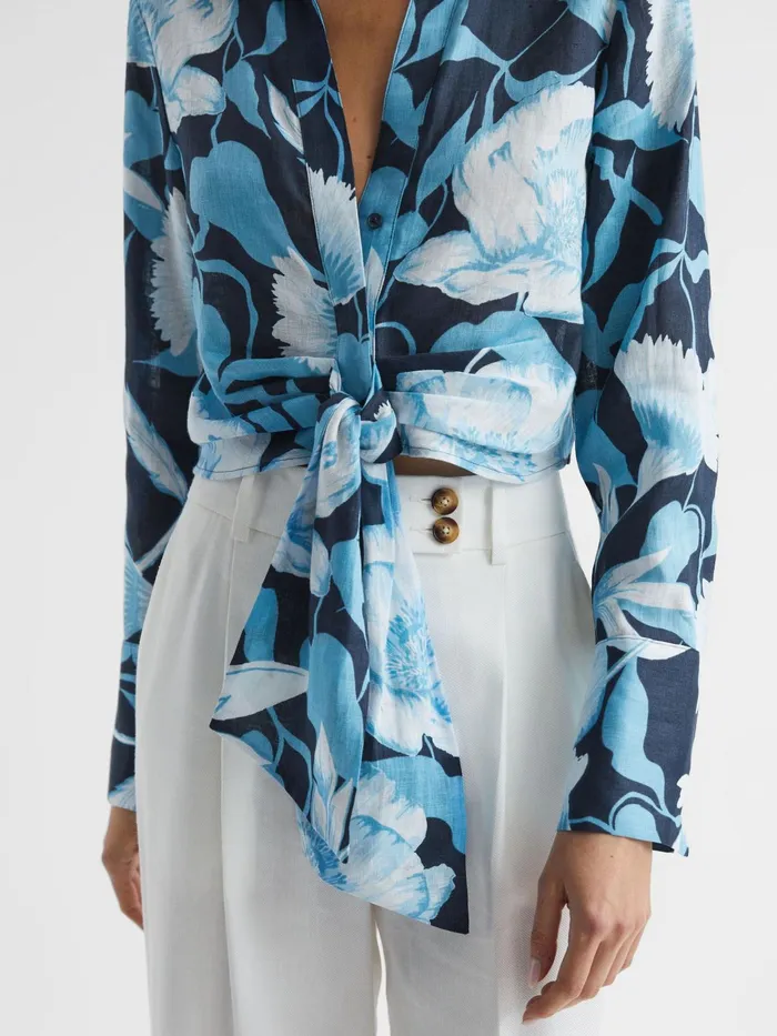 Reiss Tops Dahlia Print Linen Cropped Tie Front Blouse Navyblue 8211 Women