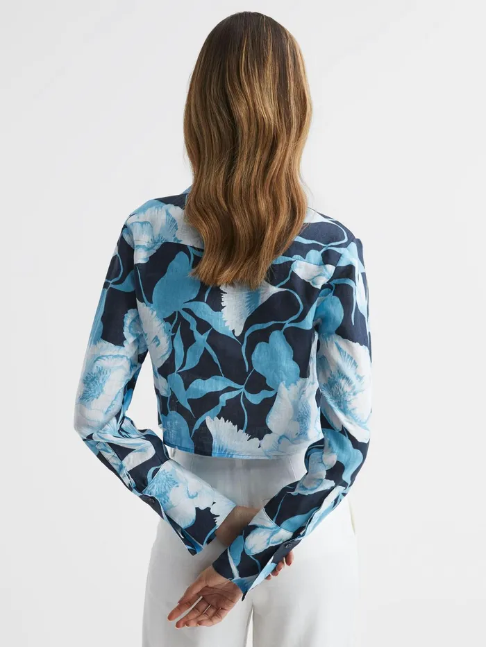 Reiss Tops Dahlia Print Linen Cropped Tie Front Blouse Navyblue 8211 Women