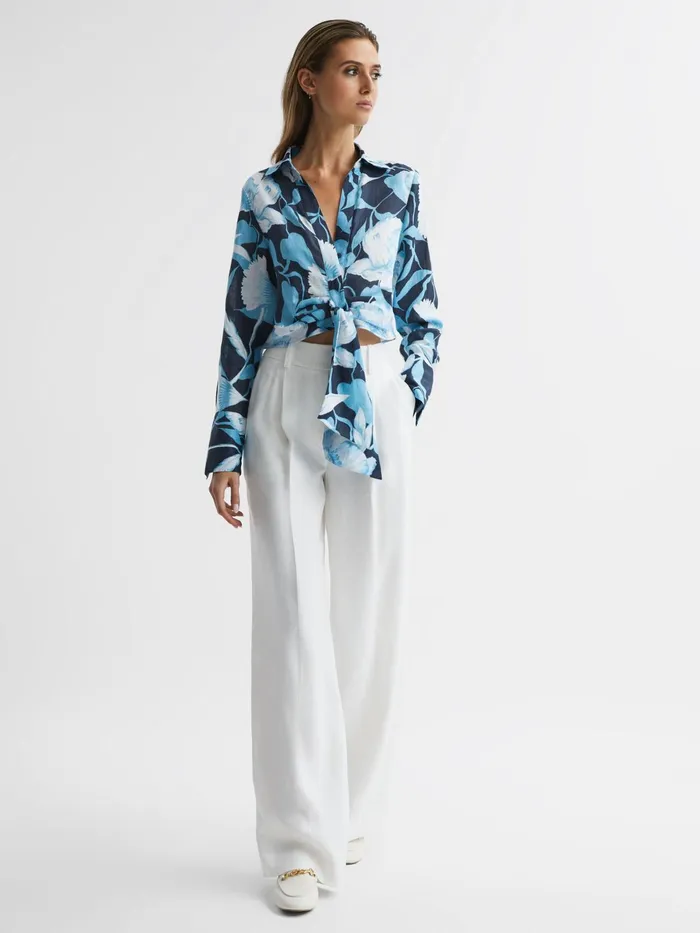 Reiss Tops Dahlia Print Linen Cropped Tie Front Blouse Navyblue 8211 Women
