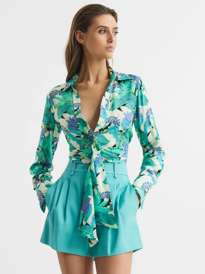 Reiss Tops Dana Floral Print Tie Front Cropped Blouse Aquamarine 8211 Women