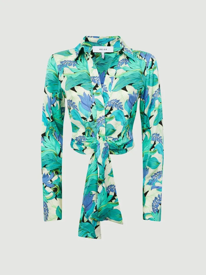 Reiss Tops Dana Floral Print Tie Front Cropped Blouse Aquamarine 8211 Women