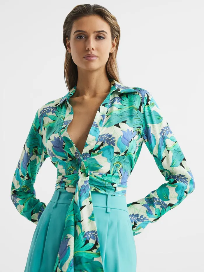 Reiss Tops Dana Floral Print Tie Front Cropped Blouse Aquamarine 8211 Women