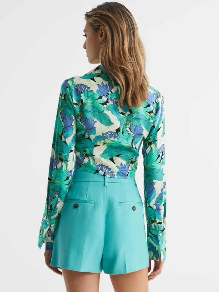 Reiss Tops Dana Floral Print Tie Front Cropped Blouse Aquamarine 8211 Women