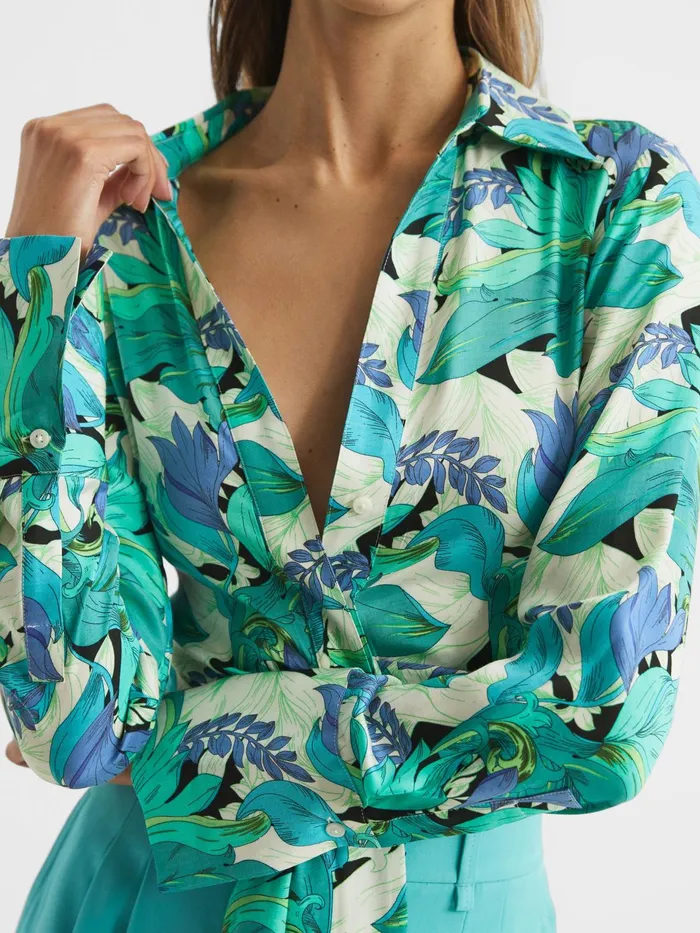 Reiss Tops Dana Floral Print Tie Front Cropped Blouse Aquamarine 8211 Women