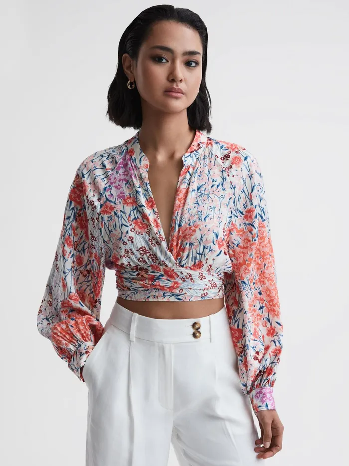 Reiss Tops Elle Floral Print Tie Front Cropped Blouse Coralwhite 8211 Women