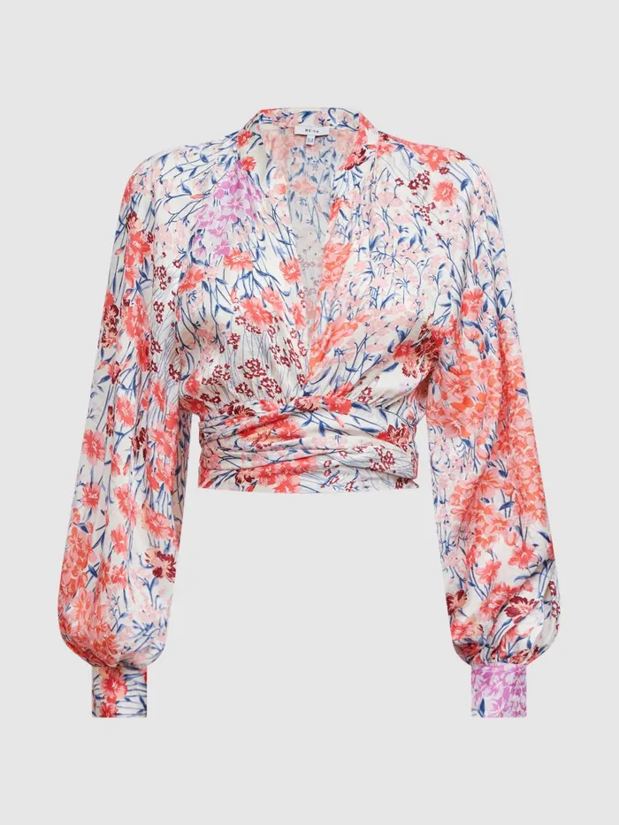 Reiss Tops Elle Floral Print Tie Front Cropped Blouse Coralwhite 8211 Women