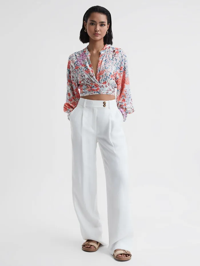 Reiss Tops Elle Floral Print Tie Front Cropped Blouse Coralwhite 8211 Women