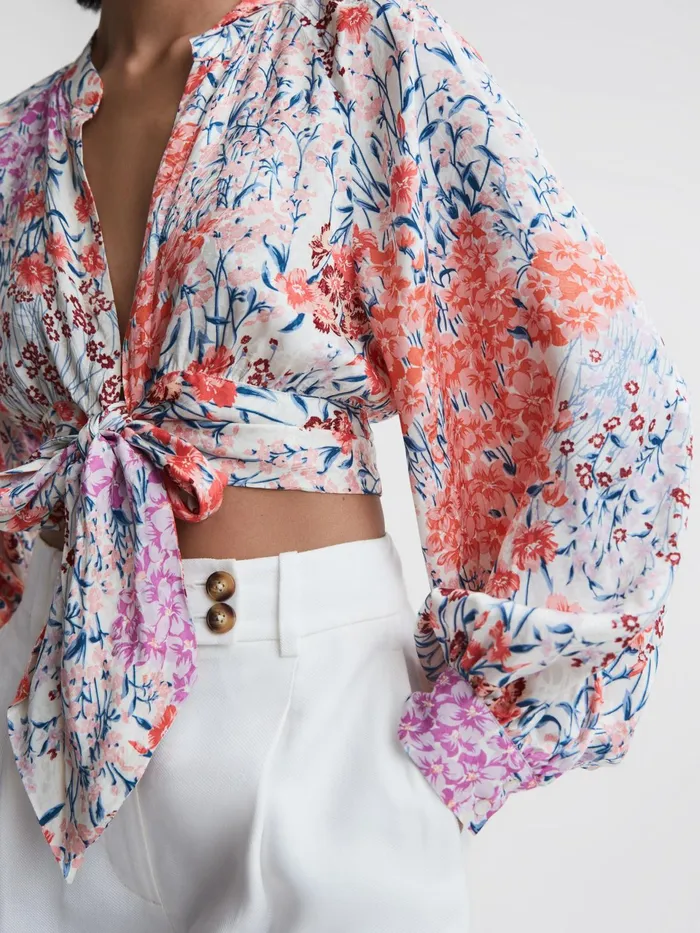 Reiss Tops Elle Floral Print Tie Front Cropped Blouse Coralwhite 8211 Women