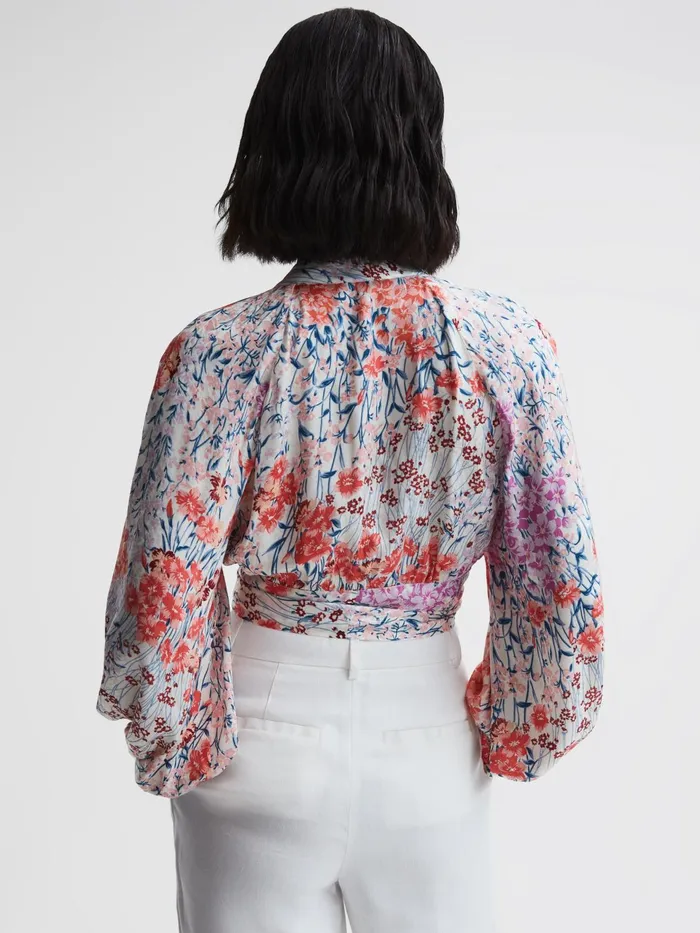 Reiss Tops Elle Floral Print Tie Front Cropped Blouse Coralwhite 8211 Women
