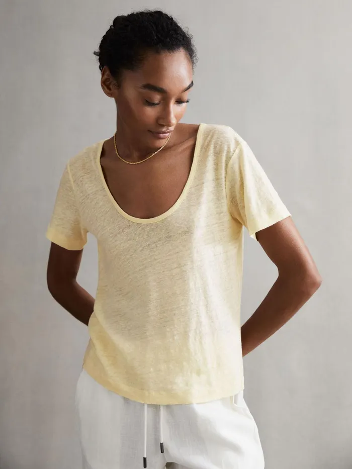 Reiss Tops Frances Linen Scoop Neck TShirt Lemon 8211 Women