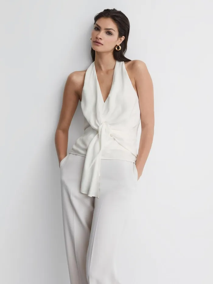 Reiss Tops Freda Tie Halter Neck Blouse Ivory 8211 Women