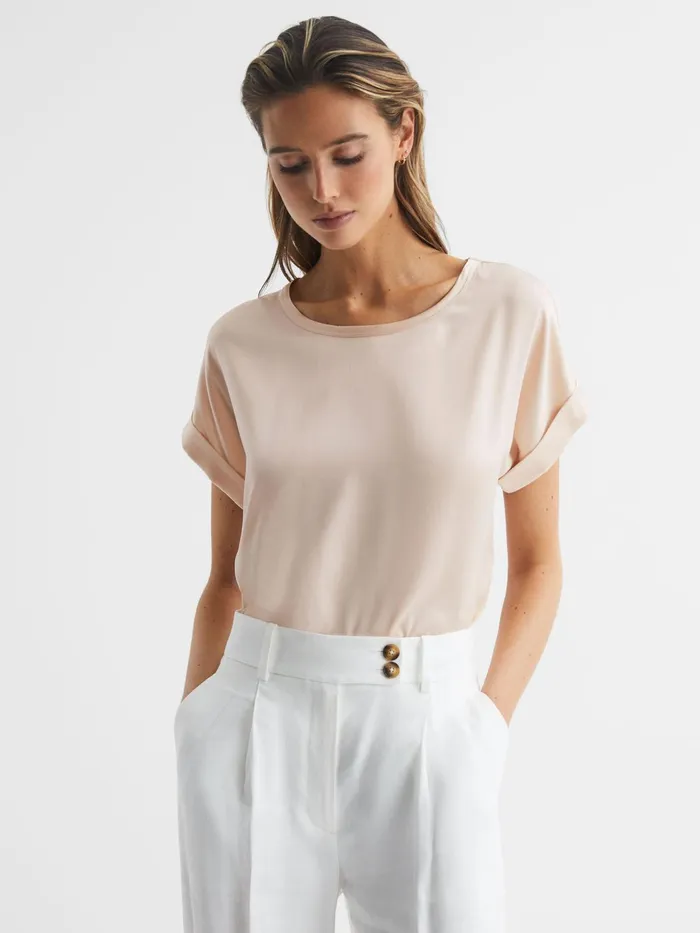 Reiss Tops Helen Silk Front Crew Neck TShirt Nude 8211 Women