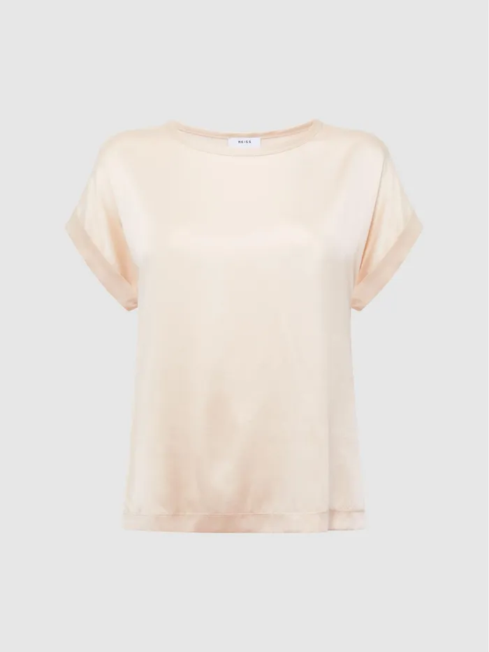 Reiss Tops Helen Silk Front Crew Neck TShirt Nude 8211 Women