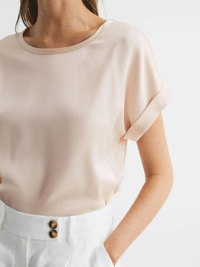 Reiss Tops Helen Silk Front Crew Neck TShirt Nude 8211 Women
