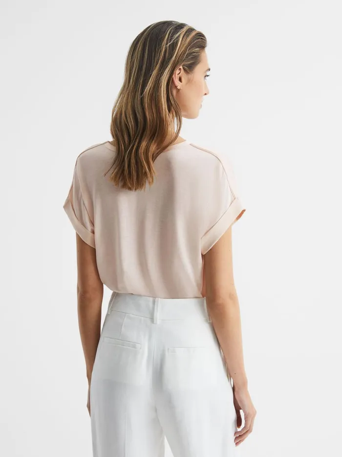 Reiss Tops Helen Silk Front Crew Neck TShirt Nude 8211 Women