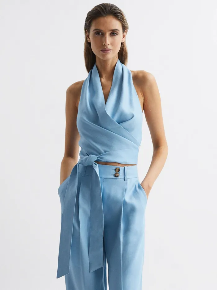 Reiss Tops Hollie Halter Neck Linen Blend Crop Top Blue 8211 Women