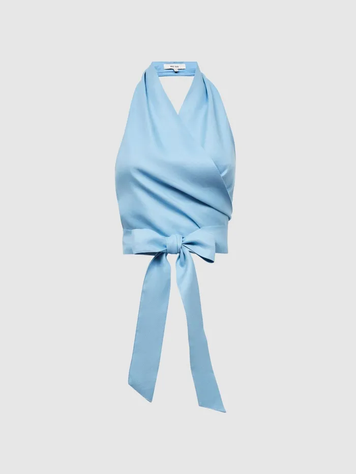 Reiss Tops Hollie Halter Neck Linen Blend Crop Top Blue 8211 Women